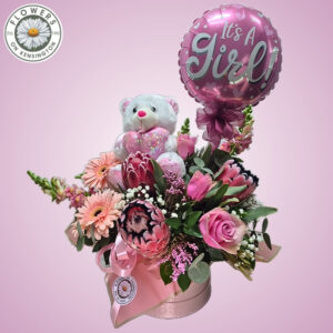 teddy and balloon in a box of pink flowers for a new baby girl gift - flowers on kensington durban best florist