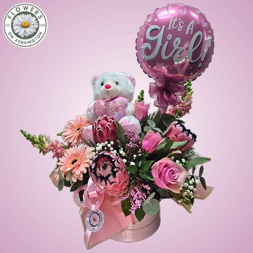teddy and balloon in a box of pink flowers for a new baby girl gift - flowers on kensington durban best florist